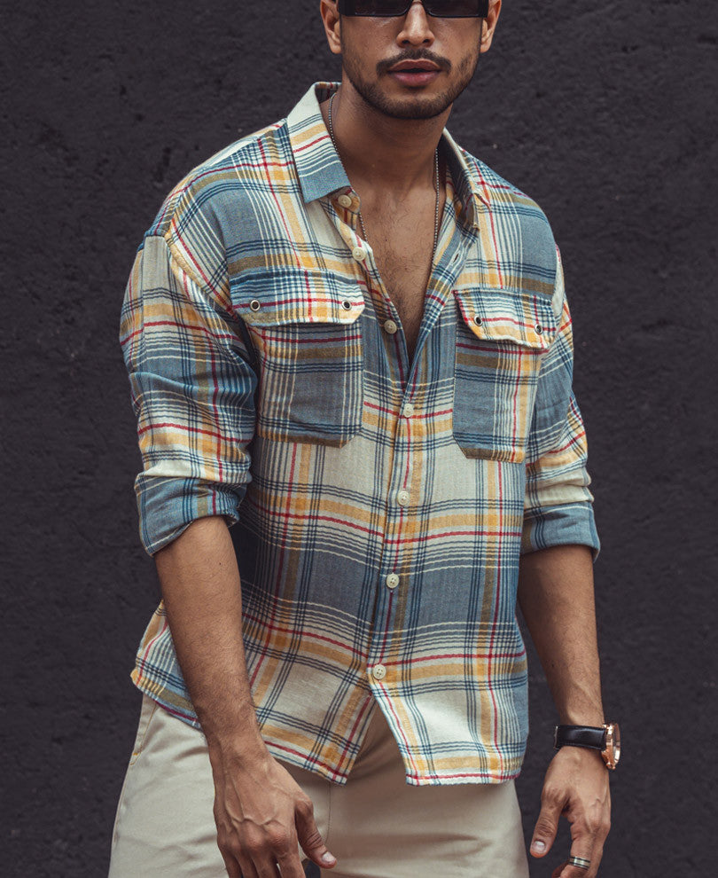 Oversized Shirts- Multi-Color Chest Pocket Plaid Checked Shirts