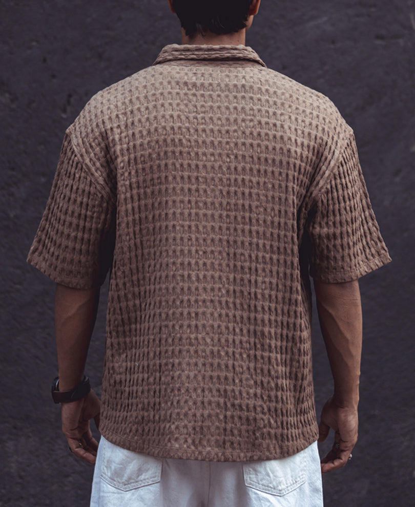 Brown Structured Oversized Double Pocket Half Sleeves Shirt