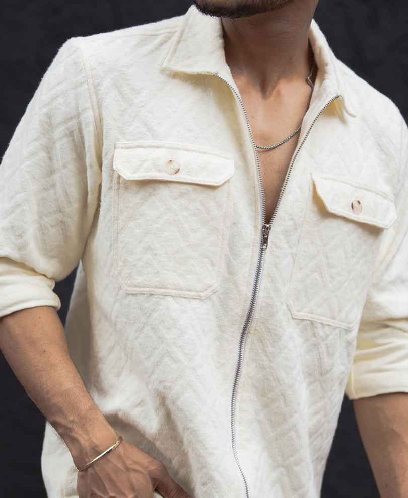 Cream Zip Style Full Sleeves Regular Fit Shirt