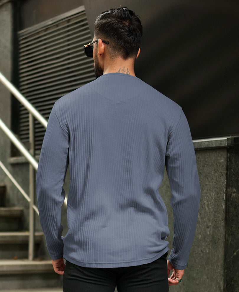 Grey Structured Full Sleeves Regular Fit T-Shirt