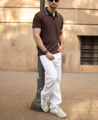 Dark Brown Contrast Collar T-Shirt