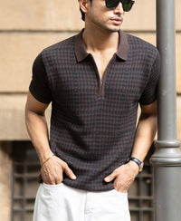 Dark Brown Knitted Houndstooth T-Shirt