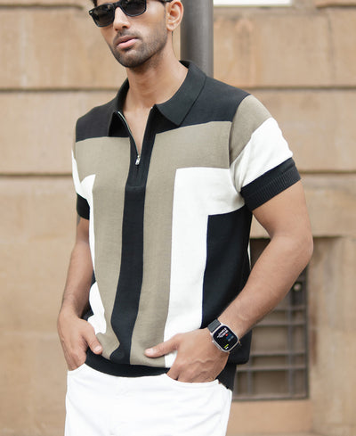 Multicolour Stripe Knit Polo T-Shirt