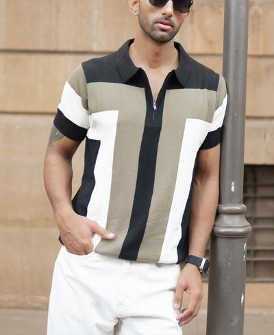 Multicolour Stripe Knit Polo T-Shirt