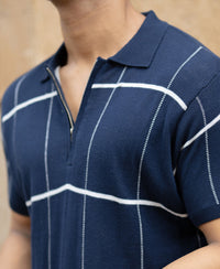 Navy Knitted Checks T-Shirt