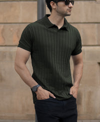 Dark Olive Self Stripe T-Shirt