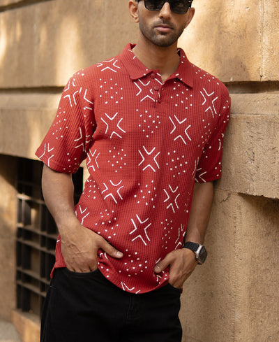 Brick Red Printed Polo T-Shirt