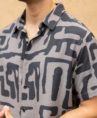 Grey Abstract Print Flowy Half Sleeves Shirt