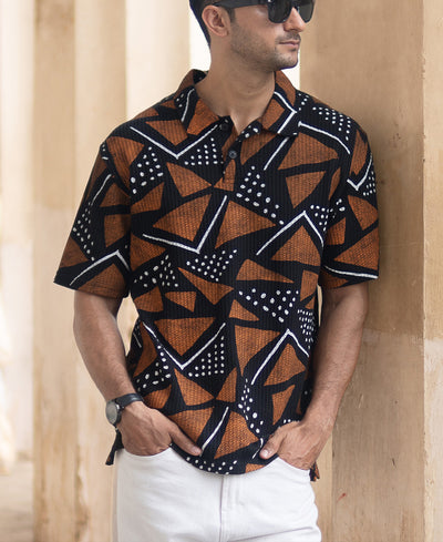 Black Geometric Print Polo T-Shirt