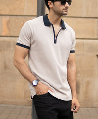 Beige Contrast Collar Zipper T-Shirt