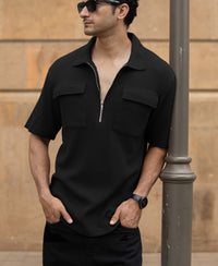 Black Zipper Polo With Pockets