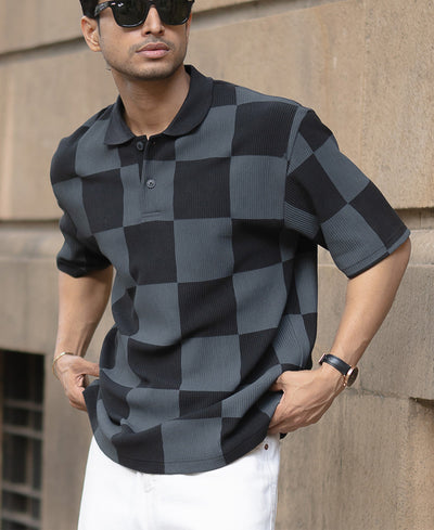 Grey Printed Checks Polo T-Shirt