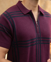 Wine Knitted Checks T-Shirt