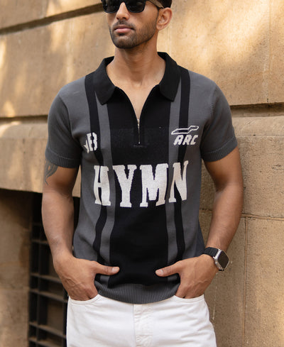 Grey Jacquard Half Sleeves Knit Polo T-Shirt