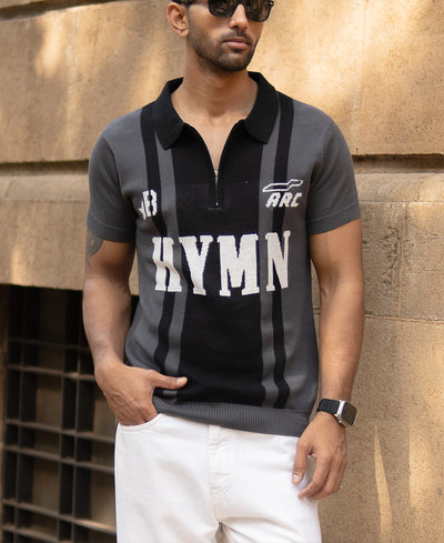 Grey Jacquard Half Sleeves Knit Polo T-Shirt