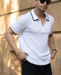 White Diagonal Knit T-Shirt