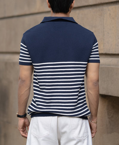 Blue Knitted Stripe Polo T-Shirt
