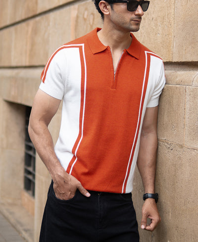 Orange Colour Blocked Polo T-Shirt