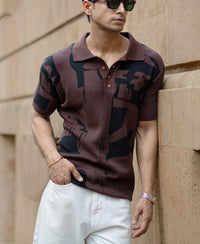 Dark Brown Jacquard Knit T-Shirt