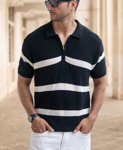 Black Striped Knit Polo T-Shirt