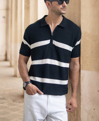 Black Striped Knit Polo T-Shirt