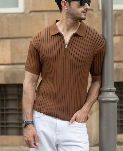 Brown Striped Knit Polo T-Shirt