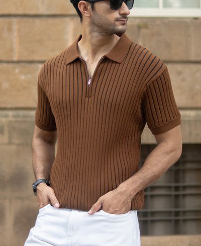 Brown Striped Knit Polo T-Shirt