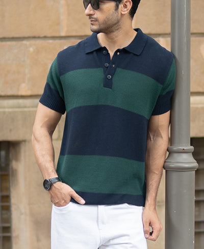 Olive And Navy Knitted Stripe T-Shirt
