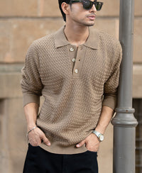 Dark Beige Knit Polo Sweater