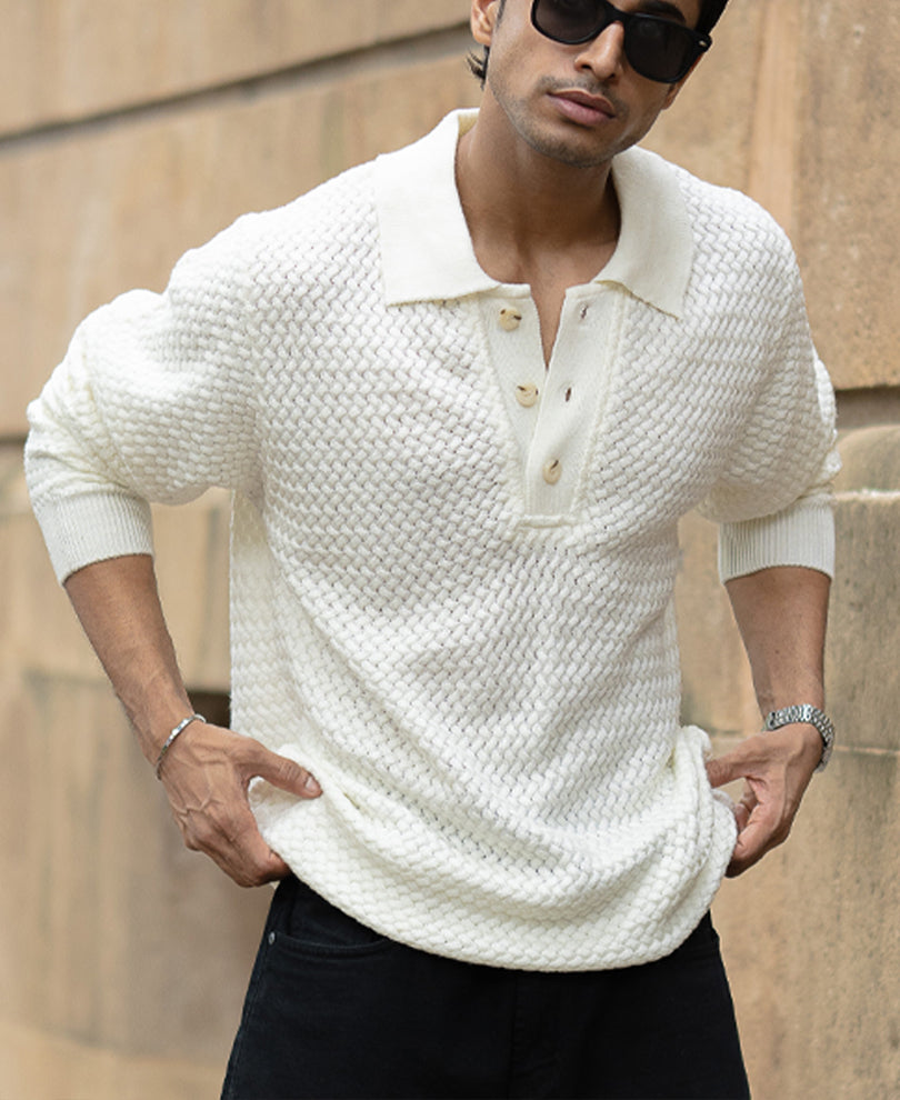 Off White Knit Polo T-Shirt 100% Cotton