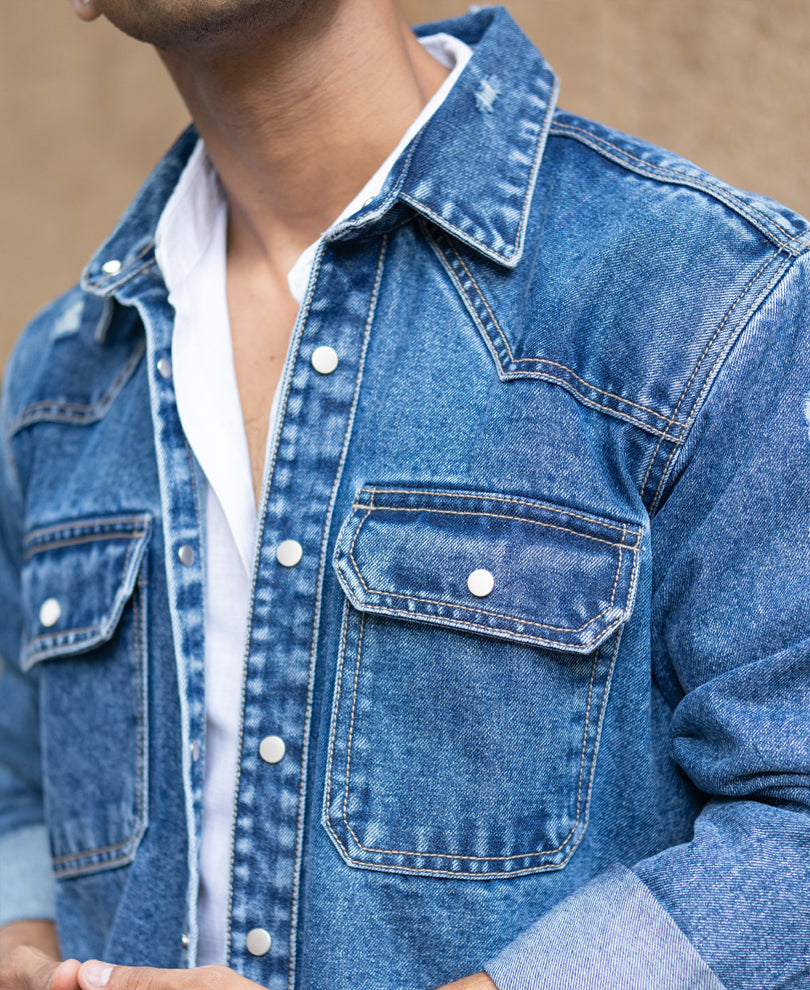 Mid Blue Distressed Denim Overshirt