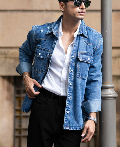 Mid Blue Distressed Denim Overshirt