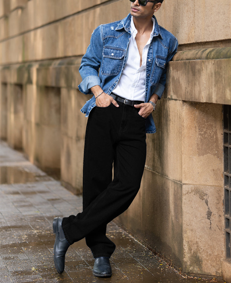 Mid Blue Distressed Denim Overshirt