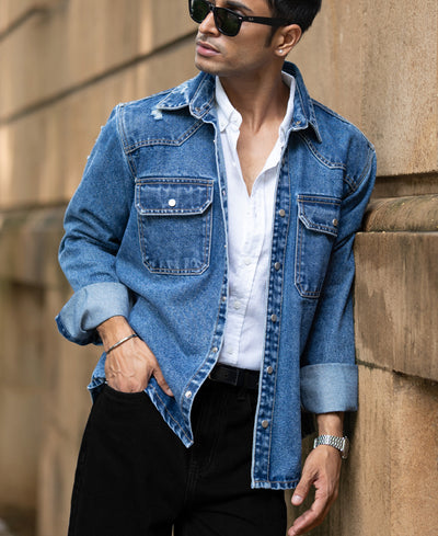 Mid Blue Distressed Denim Overshirt