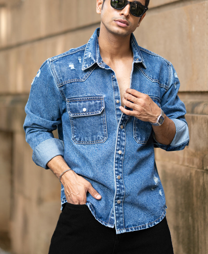 Mid Blue Distressed Denim Overshirt