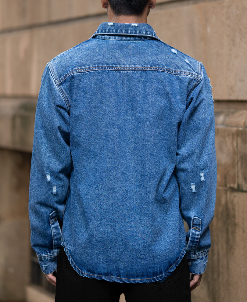 Mid Blue Distressed Denim Overshirt