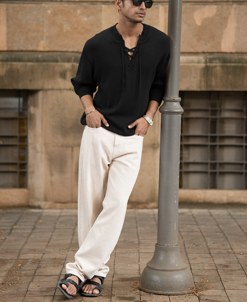 Black Knitted Henley Full Sleeves T-Shirt