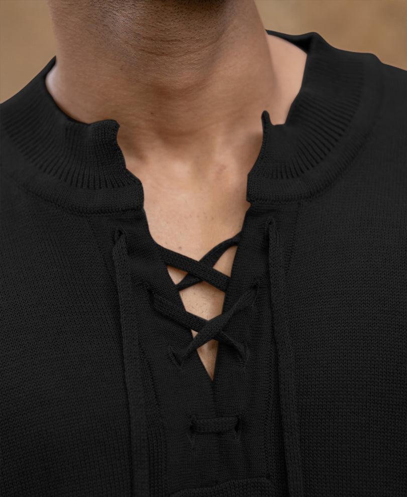 Black Knitted Henley Full Sleeves T-Shirt