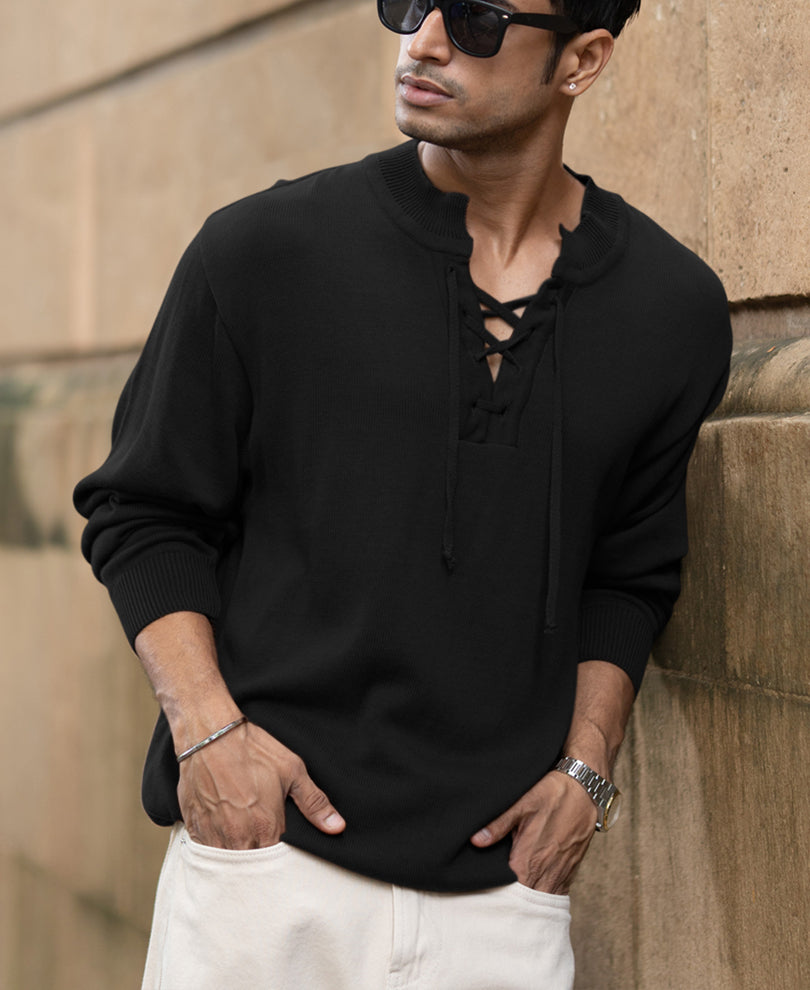 Black Knitted Henley Full Sleeves T-Shirt