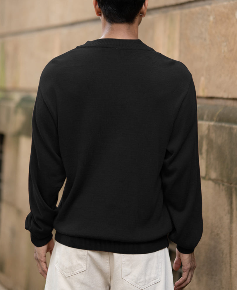Black Knitted Henley Full Sleeves T-Shirt