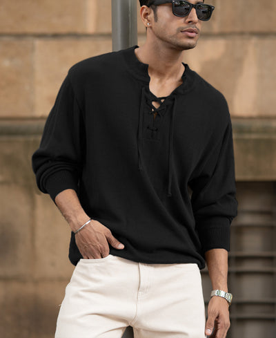 Black Knitted Henley Full Sleeves T-Shirt