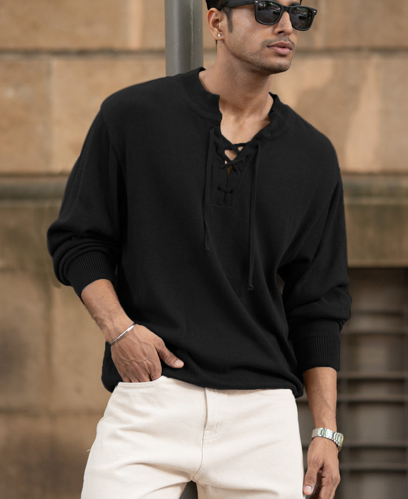 Black Knitted Henley Full Sleeves T-Shirt