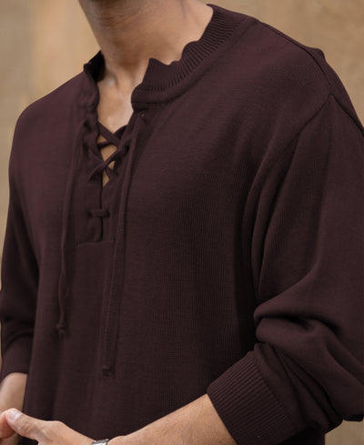 Wine Knitted Henley T-Shirt