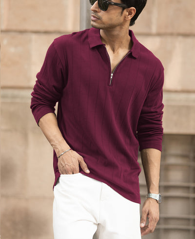 Wine Knitted Zipper Polo T-Shirt