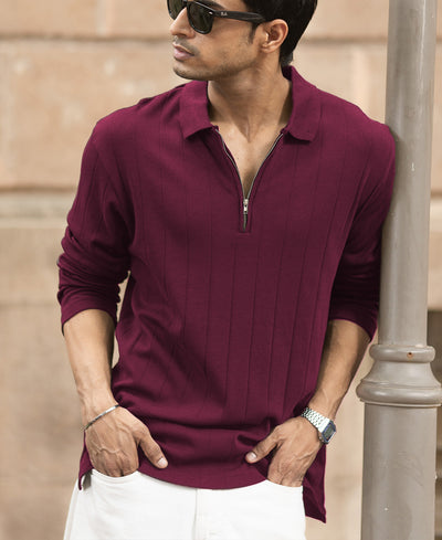 Wine Knitted Zipper Polo T-Shirt