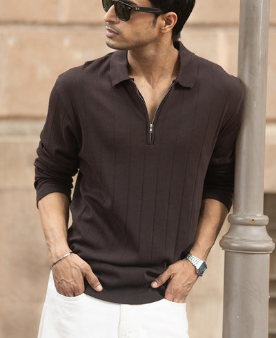 Dark Brown Knitted Zipper Polo T-Shirt