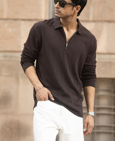 Dark Brown Knitted Zipper Polo T-Shirt