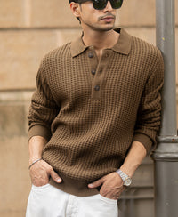 Dark Tan Structured Knit Polo T-Shirt