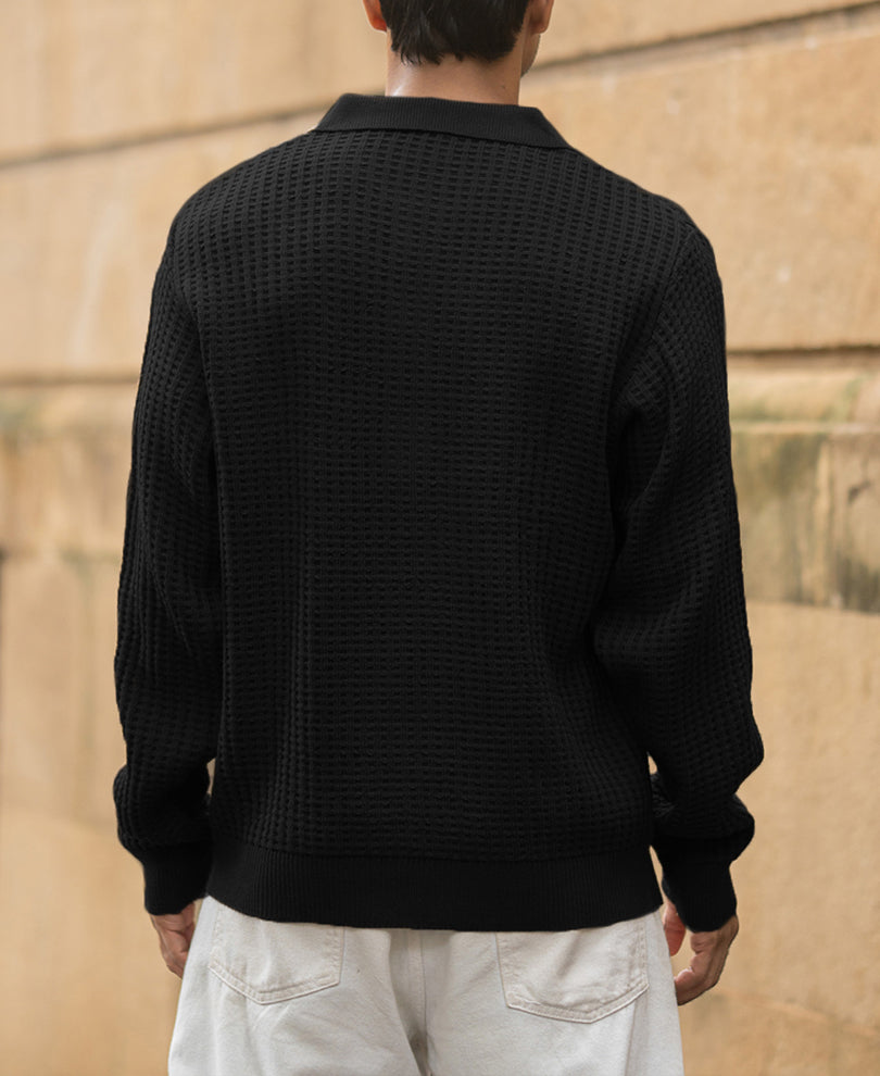Black Structured Knit Polo T-Shirt