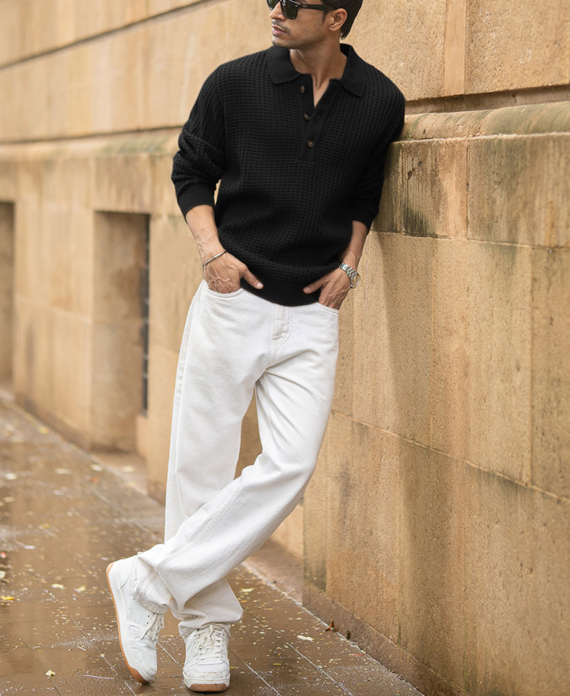 Black Structured Knit Polo T-Shirt